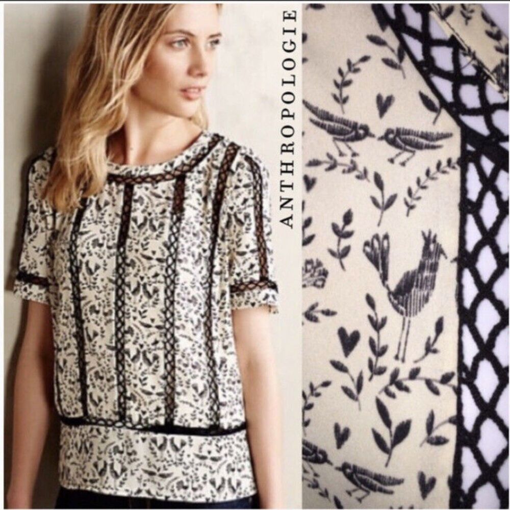 ANTHROPOLOGIE Meadow Rue Blouse Love Bird Print Crochet Lace Sz XS